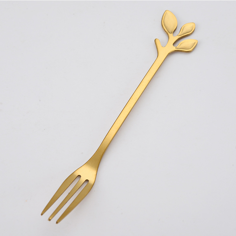 Jieyang Stainless Steel Leaves Spoon Fork Set Creative Fruit Fork Titanium Gold Coffee Spoon Cake Fork Hot Sale