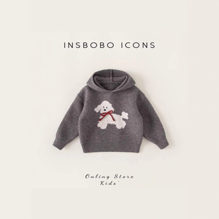Bong Selected Girls' Korean Style Children's Wear Winter New Arrival Foreign Style Knitwear Bow Puppy Hooded Pullover Sweater