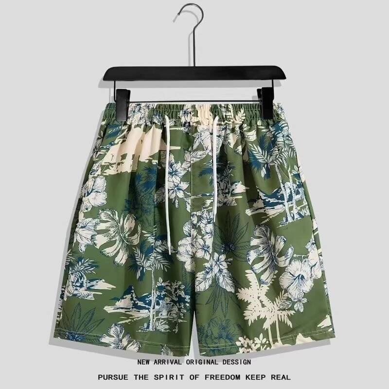 Hong Kong style retro floral print men's loose plus size ice silk quick-drying Hawaiian style casual beach shorts for couples