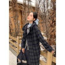 衣尔衫 盐系格子 长款连帽大口袋羊毛双面呢大衣韩系外套女0639