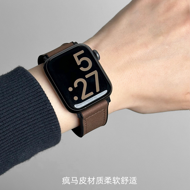 Suitable for Apple Iwatchs10 Crazy Horse Leather Magnetic Leather Watch Strap S9 High-End Apples87654Se