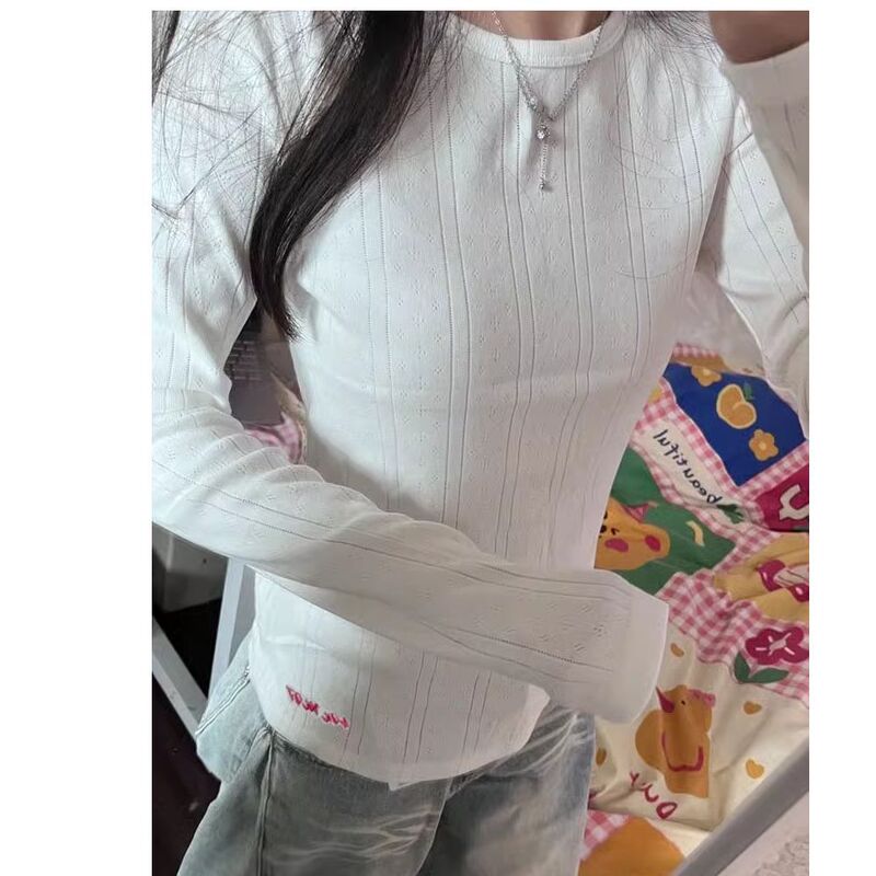 韩系白色提花肌理感长袖针织衫T恤女秋季修身显瘦刺绣内搭上衣ins|undefined