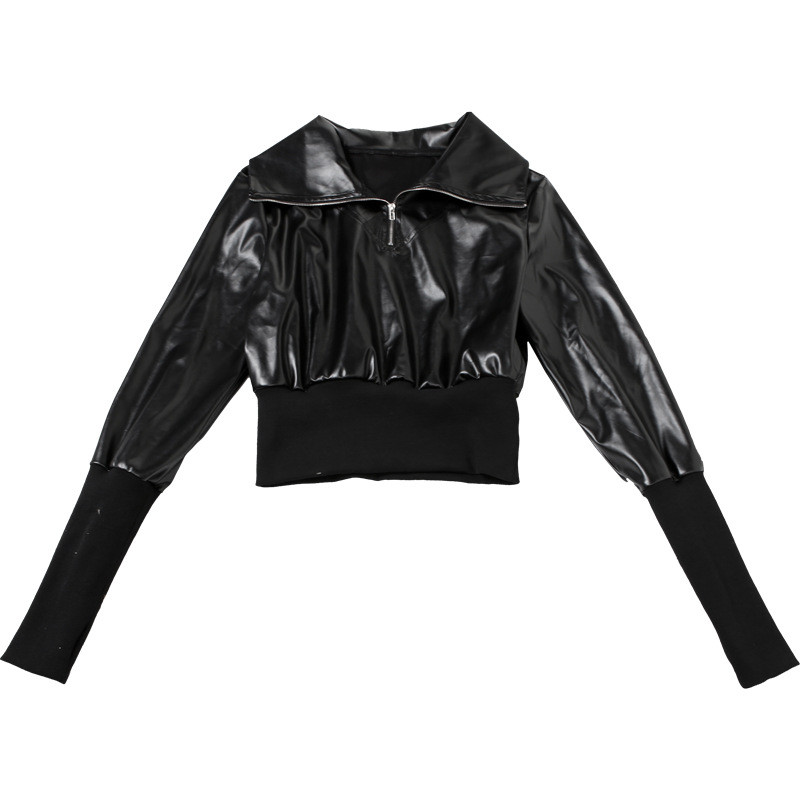 Winter Sexy Slim Short Patchwork Sweatshirt Solid Color Faux Leather Zipper Top