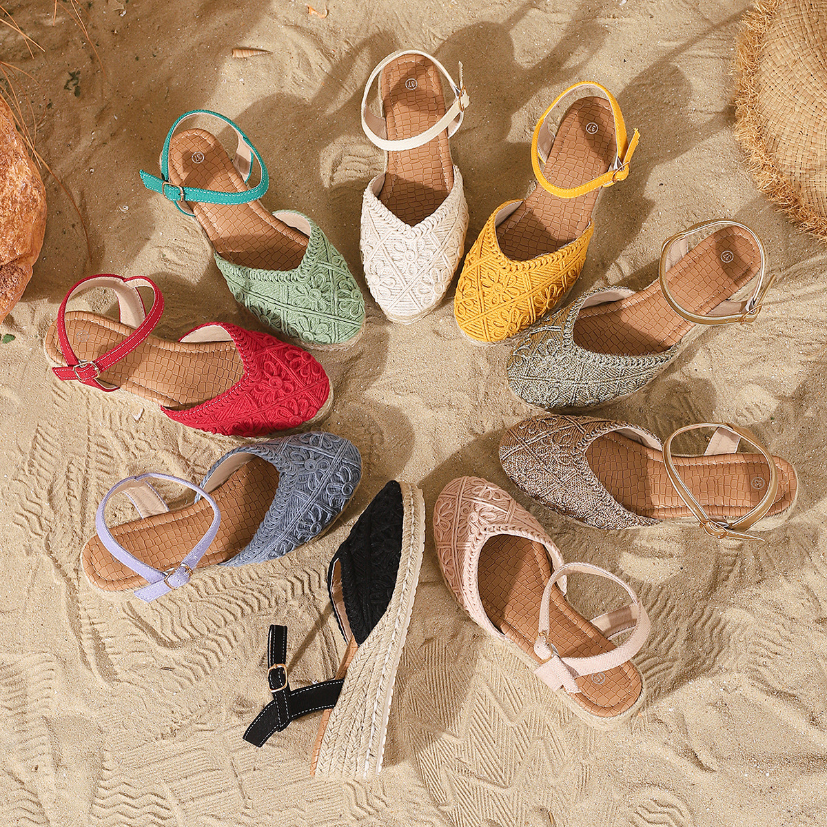 Sandalias de Cuña con Suela de Cáñamo en Lino con Cierre de Hebilla image 3