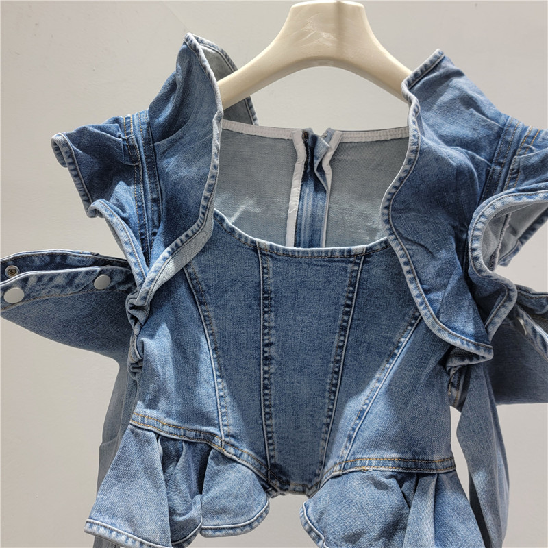 Primavera y verano nuevo estilo de moda estereoscópico borde de hoja de loto abierto mangas largas delgadas delgadas elásticas chaqueta de vaqueros image 3