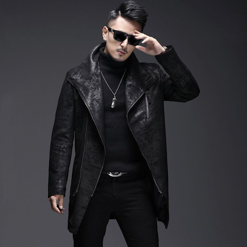 A generation of Haining leather leather men's long motorcycle windbreaker coat sheepskin printed jacket autumn and winter tide