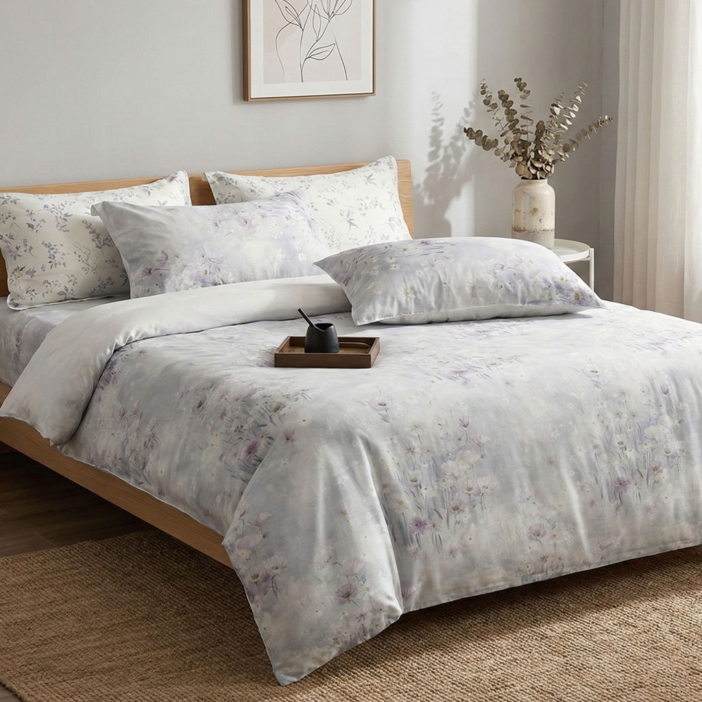 Luz de lujo Tencel Lino conjunto de cuatro piezas estilo pastoral impresión francés lluvia ropa de cama edredón cubierta hoja de cama al por mayor