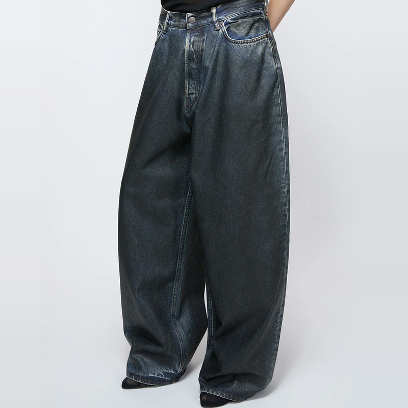 AC Style Wash Brushed Wax Coated Jeans Unisex Street Fashion Brand Loose Wide Leg Straight Casual Trousers