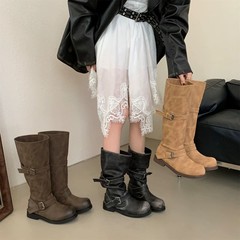 羊皮版~真皮厚底圆头复古皮带扣擦色长筒靴女秋冬中高筒靴骑士靴
