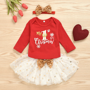 Demi-season Christmas long-sleeve for new born, bodysuit, set, European style