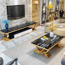 轻奢不锈钢茶几餐桌电视柜组合港式时尚金色大理石亮光岩板茶桌