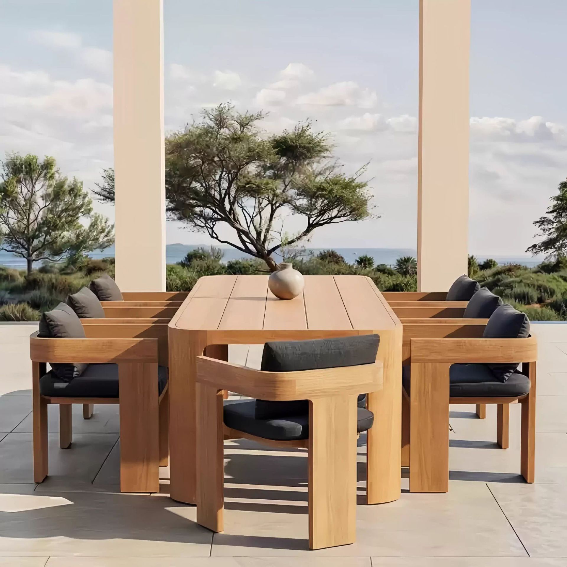 Mesa y silla de madera maciza al aire libre patio hotel impermeable al aire libre protección solar alojamiento residencial de madera mesa y silla de comedor muebles de exportación