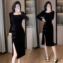 2025秋季新款时尚连衣裙高端气质金丝绒复古长袖职业开衩改良旗袍