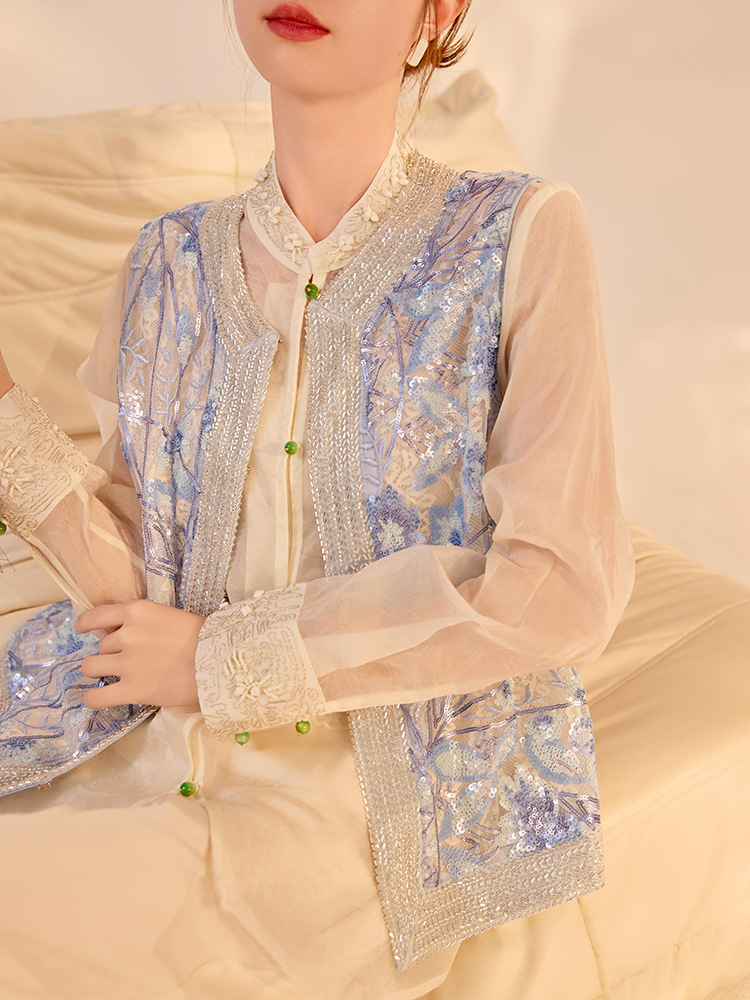 Áo vest gile nữ không tay thêu đính cườm phong cách Trung Quốc mới — màu xanh