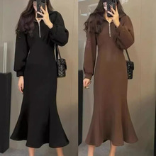 2024春秋季胖mm大码显瘦鱼尾连衣裙子设计感过膝长裙200斤300ins