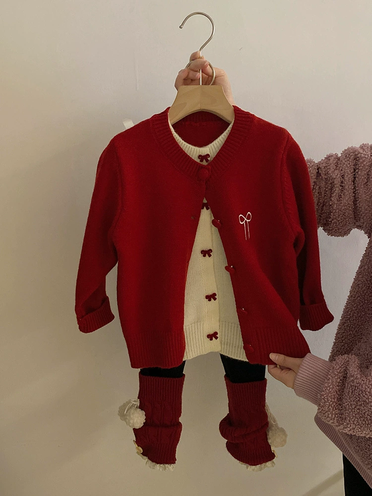 Demi-season set, sweater with bow, cardigan, shirt, leggings, trousers, Korean style