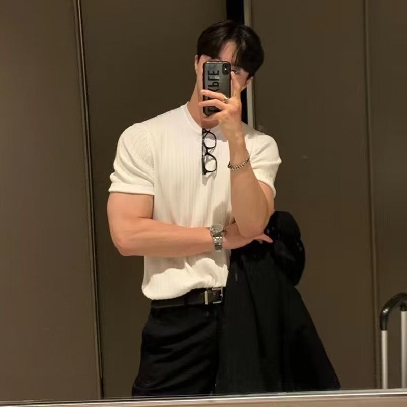 Knitted Short-Sleeve T-Shirt for Men, Solid Color, Round Neck, Versatile, Old Money Style, Ice Silk, Summer, Cross-Border Factory Wholesale Knitted Short-Sleeve T-Shirt for Men, Solid Color, Round Neck, Versatile, Old Money Style, Ice Silk, Summer, Cross-Border Factory Wholesale