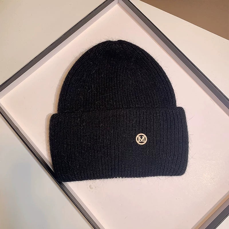 Letter Pattern Thick Knitted Hat With Rabbit Fur Winter Warmth Ear Protection Wool Lining Large Head Size Wool Hat Basic