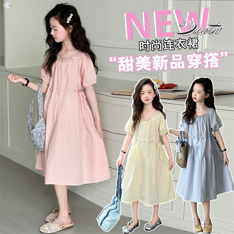 Girls Summer Dress 2025 New College Style Big Children Summer Puff Sleeve Waist Sweet Princess Dress