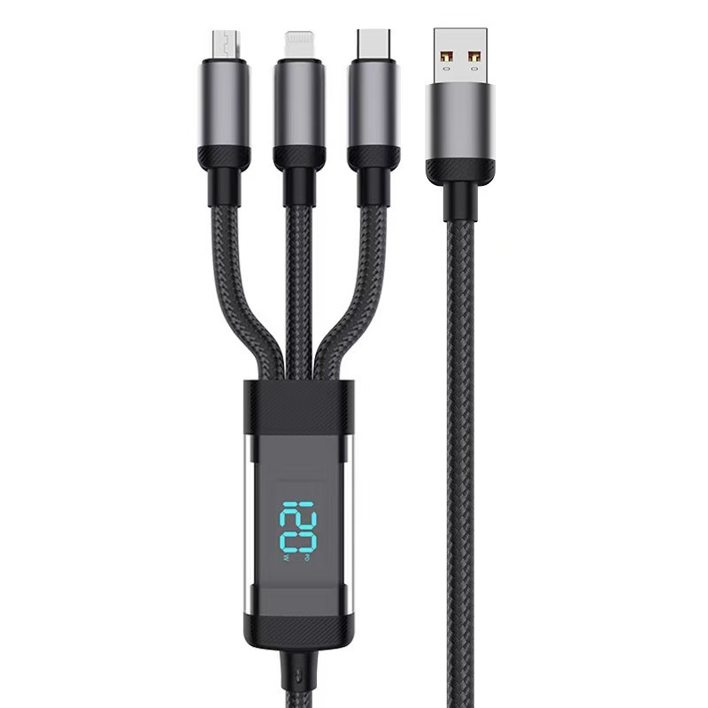 120W Dijital Ekranlı Süper Hızlı Şarj 3-in-1 Veri Kablosu Apple Huawei Xiaomi Örgülü Şarj Kablosu Araç İçi
