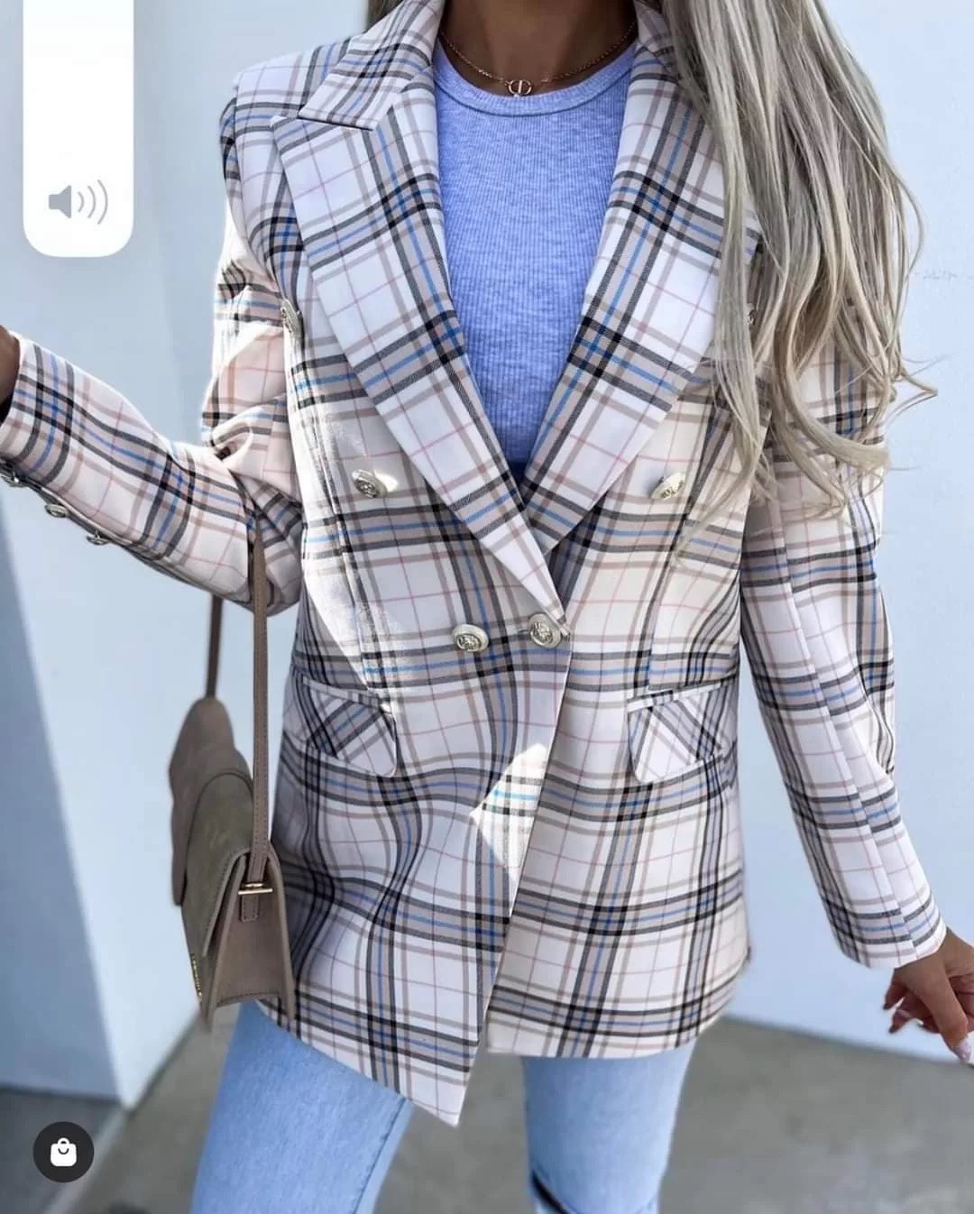 slim plaid lapel long-sleeved suit jacket NSHFC136578