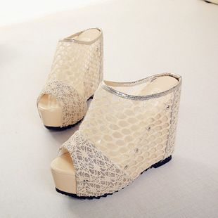 Women's Sandals 2024 Summer New European and American Fashion Mesh Fish Mouth Wedge Super High Heeled Rivet Outer Wear One-word Sandals