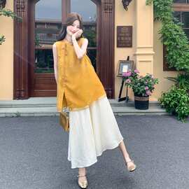 黄色优雅新中式套装女2026夏天新款网纱拼接提花背心半身裙两件套