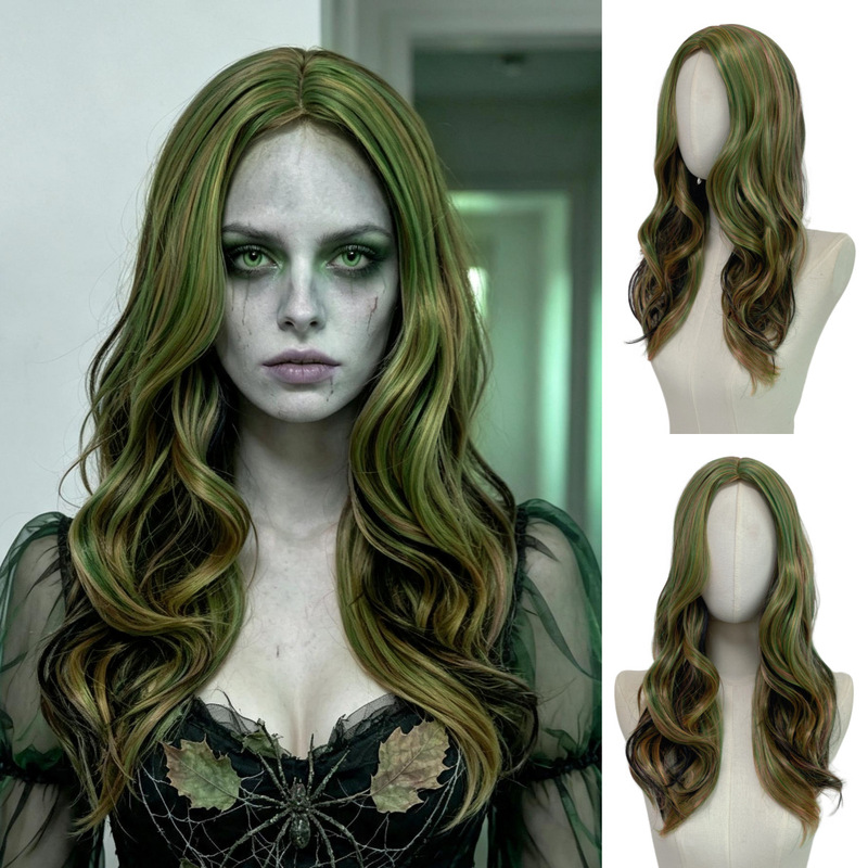 AliExpress Halloween Zombie Gothic Style Cosplay Wig for Women, Green and Brown Highlighted, Middle Parted, Long Wavy Hair AliExpress Halloween Zombie Gothic Style Cosplay Wig for Women, Green and Brown Highlighted, Middle Parted, Long Wavy Hair
