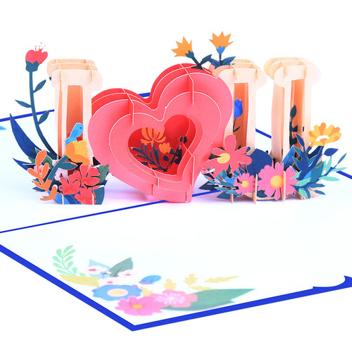 Manufacturer supplies Valentine's Day greeting cards color printed 3D cross-border love blessing cards paper carving ILOVEYOU cards