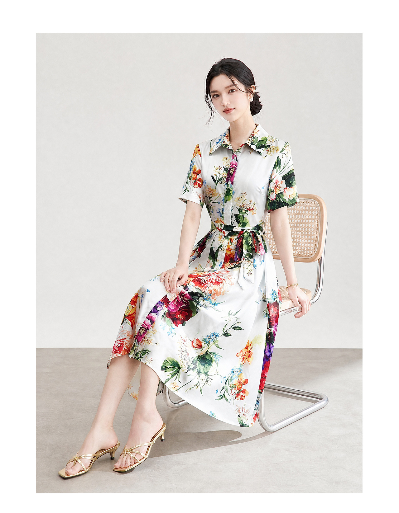 Đầm maxi nữ thắt eo cổ ve in họa tiết hoa phong cách Pháp — màu trắng chi tiết 12