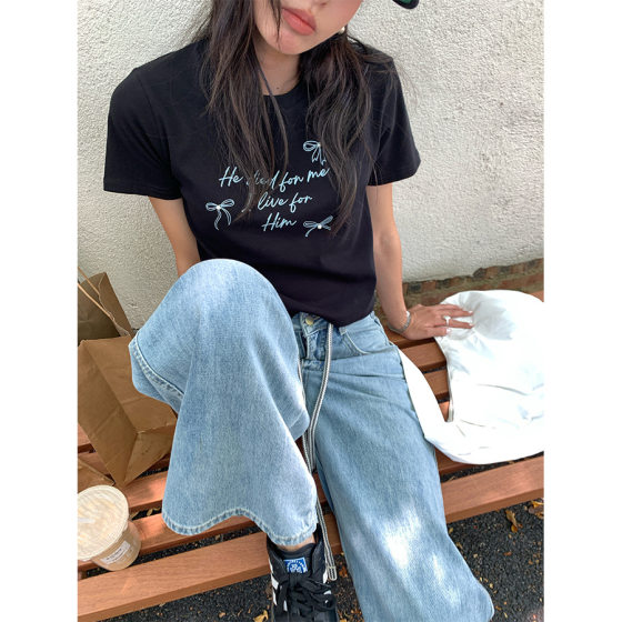 Huang Zheng Round Neck Bow Pearl Decorative Letter Print Slim-fit T-shirt Women's 2025 Summer Elegant Sweet 520383