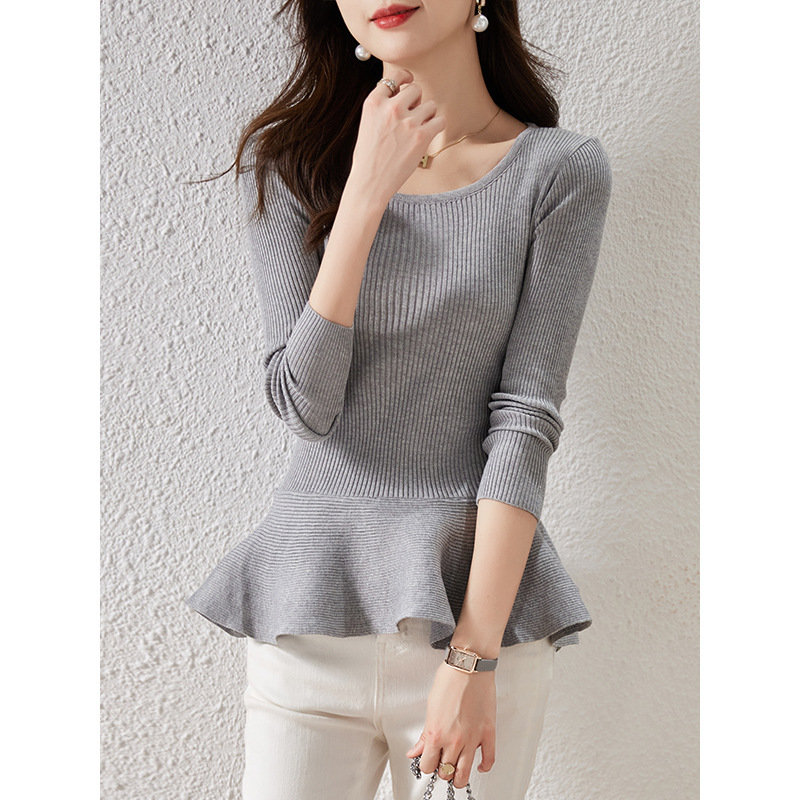 2025 Autumn and Winter Waist Ruffled New Style Slim Skirt Top Women's Sweater Bottoming Shirt