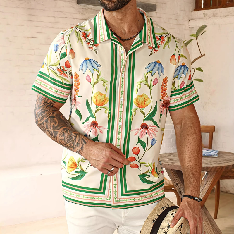 Foreign Trade European and American Cross-Border Summer Men's 3D Digital Printing Interesting Floral Print Short-Sleeved Shirt Factory Direct Sale
