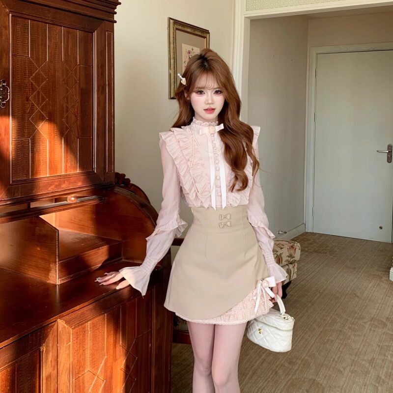 Autumn New Style French-Style Sweet and Gentle Nana-Style Elegant Niche Long-Sleeved Shirt Top and Short Skirt Set