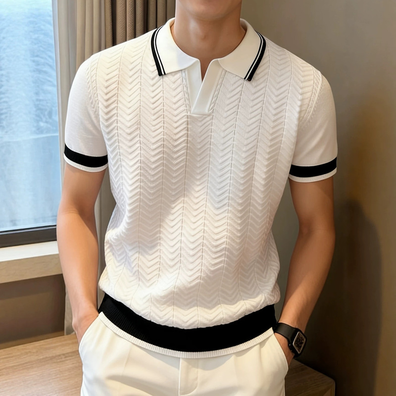Summer Fashion New Short-Sleeved Knitwear Men's Textured Polo Shirt Regular Lapel Contrast Color Casual Business Top