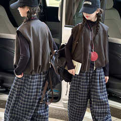 跨境女童秋装2025新款儿童韩系中大童时髦皮衣马甲女孩休闲格子裤