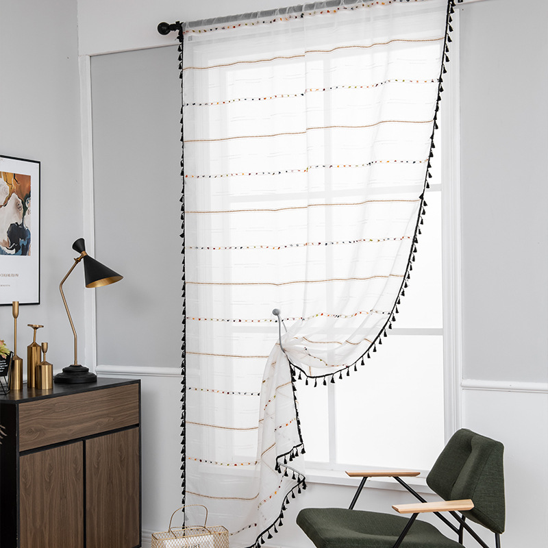 Geometric White Sheer Curtains With Tassels American Style_voghion.com