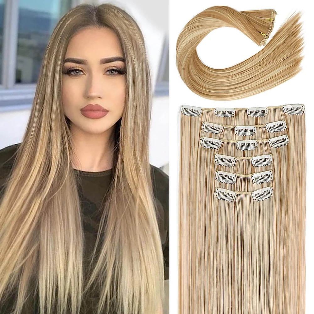 Piezas de 6 piezas para el cabello con tarjeta, piezas para cabello lacio europeo y americano, piezas para pelucas, piezas para cabello sin costuras, 24 "cabello de fibra química resistente al calor