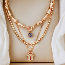 跨境潮流叠戴金属项链女仿真眼睛气质小众金色珍珠锁骨链批发