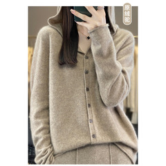 新シームレス100ウールカーディガン女性の薄い帽子付きセーターコートがゆったりしています。
