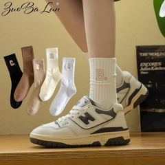 全棉襪子女士中筒襪秋冬純棉字母堆堆襪學院風潮流長筒襪棉襪批發