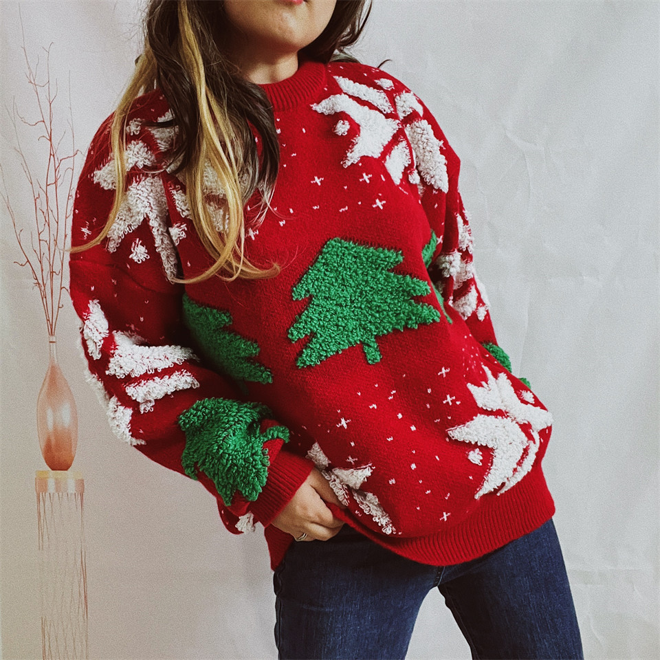 546g Weight Long Sleeve Sleeve Length Pullovers Placket Type knit Fabric Type Long Top Length Sweater Tops Type Christmas Occasion Round Neck Neckline Loose Fit Type Christmas Festival Christmas Tree Pattern Autumn&Winter Season Women's Gender Jacquard Design Streetwear Style Jacquard Craft Wholesale Women's Knit Streetwear Christmas Tree Long Sleeve Jacquard Sweaters & Cardigans 1