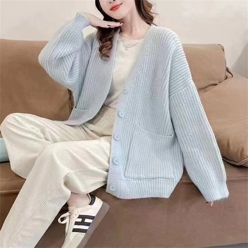 Women's Loose V-neck Soft and Gentle Cream Blue Knit Cardigan Outerwear - New Early Autumn Korean Laid-back Style