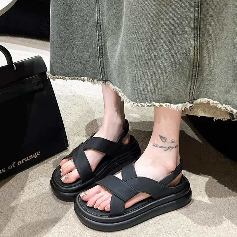 Однотонные сандалии на толстой подошве, весна-лето 2021, новые женские туфли без шнуровки в корейском стиле с эластичной лентой, повседневная пляжная обувь для отдыха