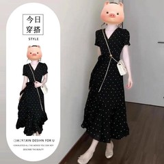 フレンチヘップバーンスタイルの女性用ブラックVネック水玉模様ドレス、夏のハイエンド気質、美しいウエスト痩身ロングスカート