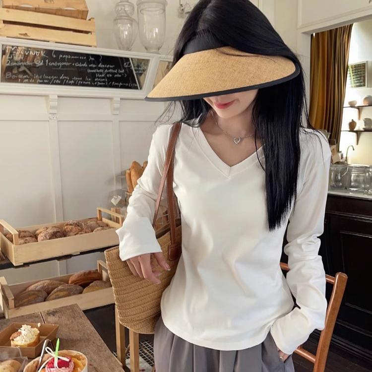 92 Cotton Spring and Autum American V Neck Pure Color Cotton Bottoming Shirt with Slim Right Shoulder Long-Sleeved T-Shirt for Women Basic Trbottomy