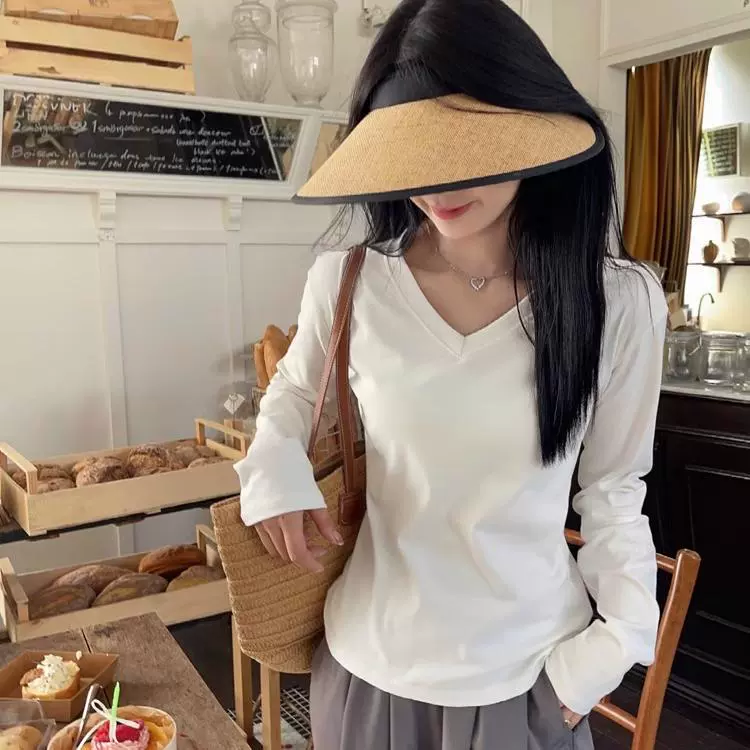 92棉春秋季美式V领纯色棉质打底衫内搭修身正肩长袖t恤女基础款潮