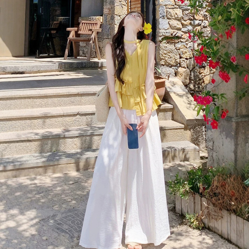 Irregular Ruffled Sweet Sleeveless Polka Dot Shirt and Wide-Leg Casual Pants Women's Summer New Fashion Set Trendy