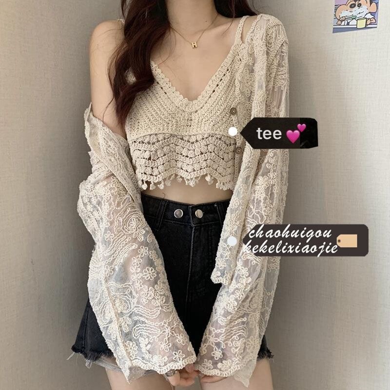 Women's sweet style set: camisole + stylish crochet hollow-out sexy lace top two-piece vacation outfit