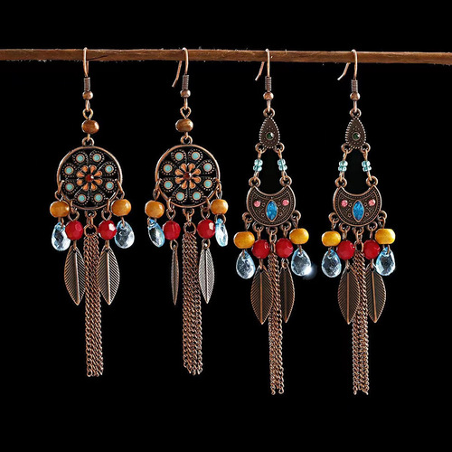 Retro personality leaf tassel ear hooks ethnic style face-showing thin chain earrings bohemian versatile earrings dropshipping